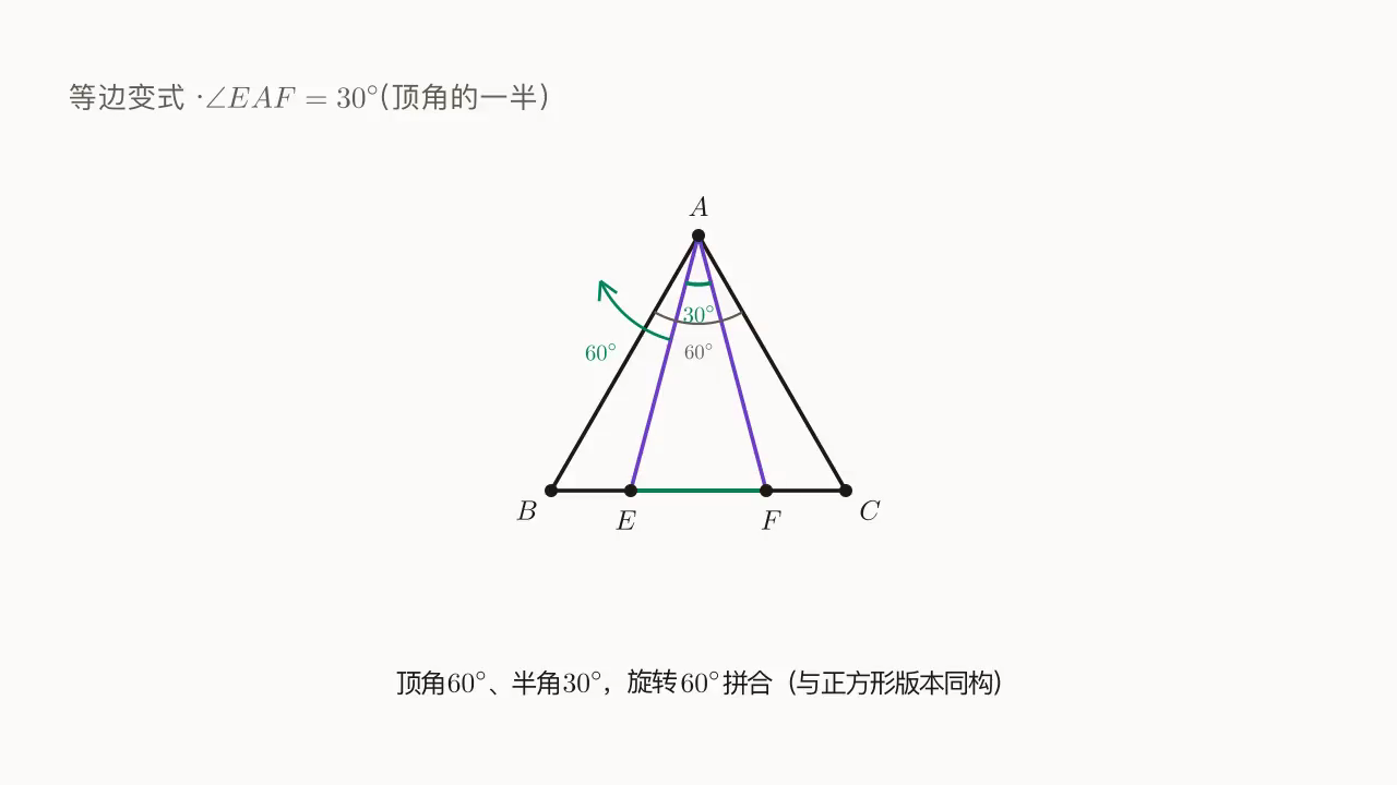 等边 △ABC + ∠EAF = 30°:顶角 60°、半角 30°,旋转 60° 拼合