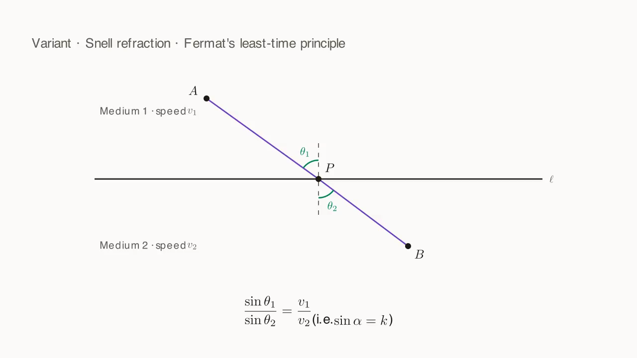 Degenerates to Snell's law of refraction: a two-medium boundary with sin α = v₁/v₂