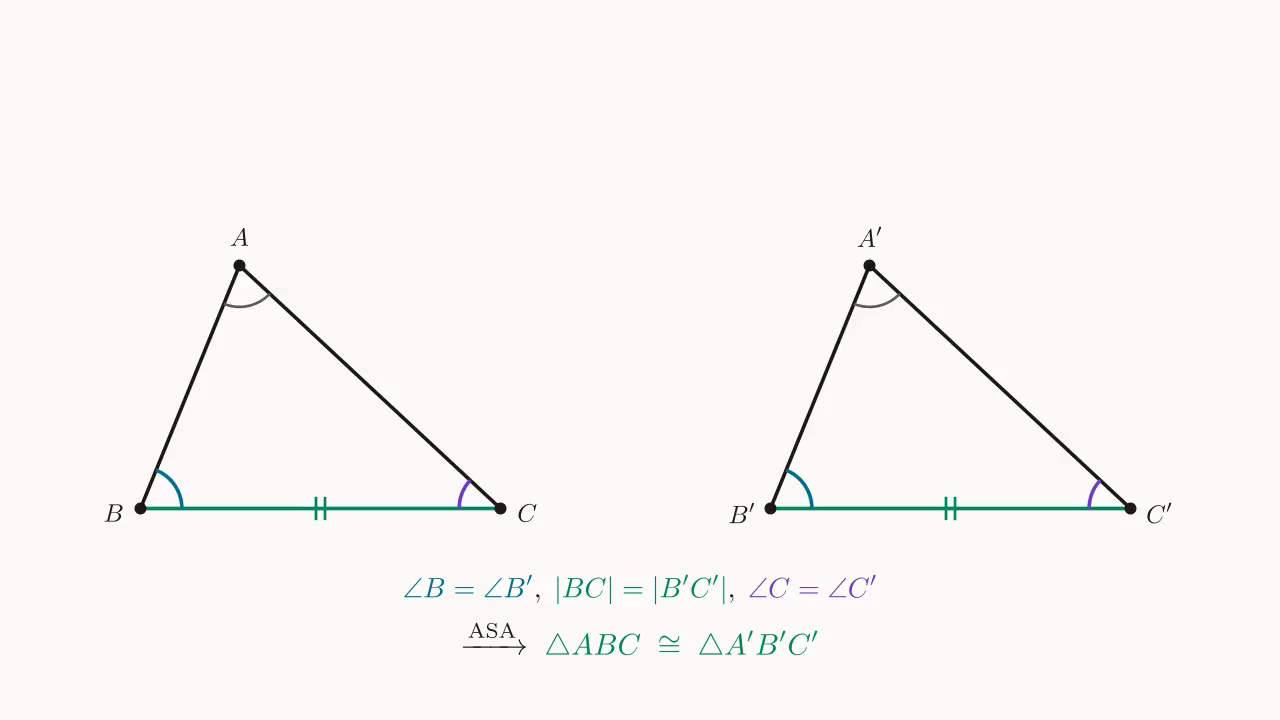 Step 2:(∠B, BC, ∠C) 形如 ASA 输入 ⇒ \triangle ABC \cong \triangle A'B'C'