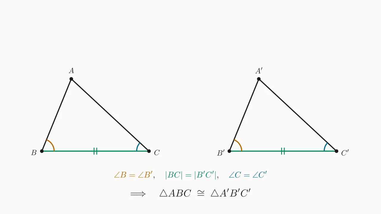 ASA 全等示意:\angle B = \angle B'、|BC|=|B'C'|、\angle C = \angle C' ⇒ \triangle ABC \cong \triangle A'B'C'