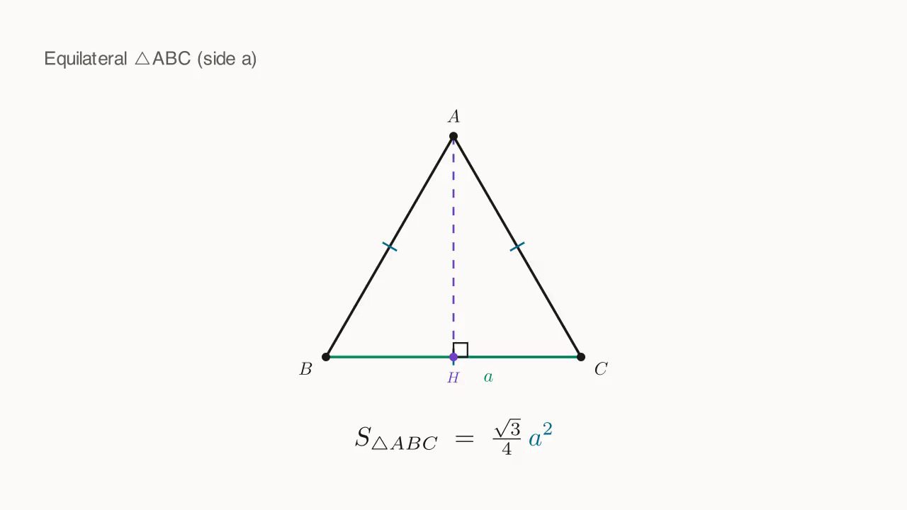 Equilateral \triangle ABC with side a + altitude AH + formula S=\tfrac{\sqrt{3}}{4}a^{2}.