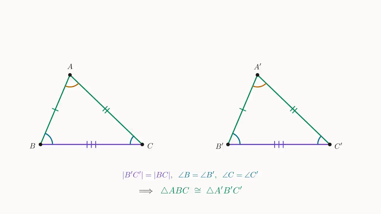Step 2: k=1 pins down the remaining three conclusions of similarity, |B'C'|=|BC|, \angle B = \angle B', \angle C = \angle C'; with three pairs of equal sides + three pairs of equal angles ⇒ ≅