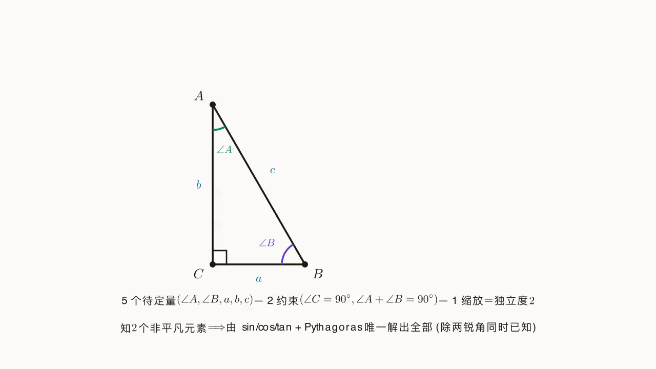 解直角三角形的 5 个量与"知 2 个⇒解全部"原则。