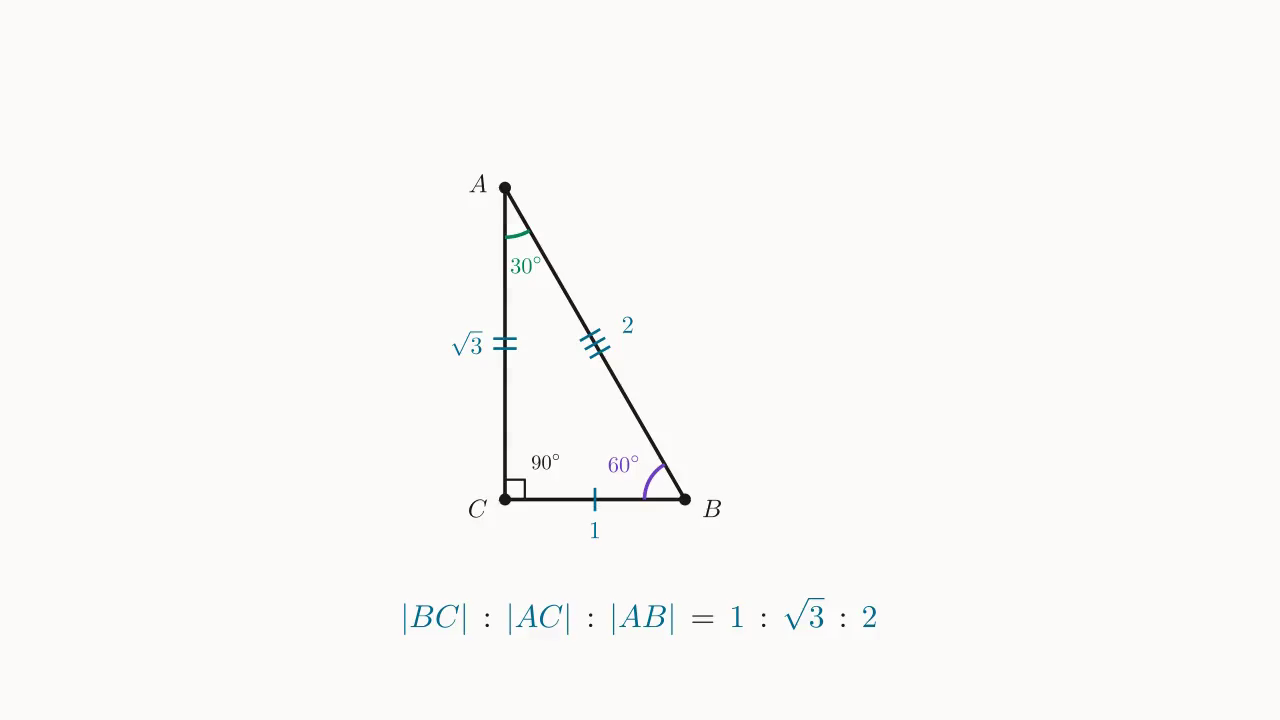 30°-60°-90° △ABC + 三角度数 + 三边比 1:\sqrt{3}:2。